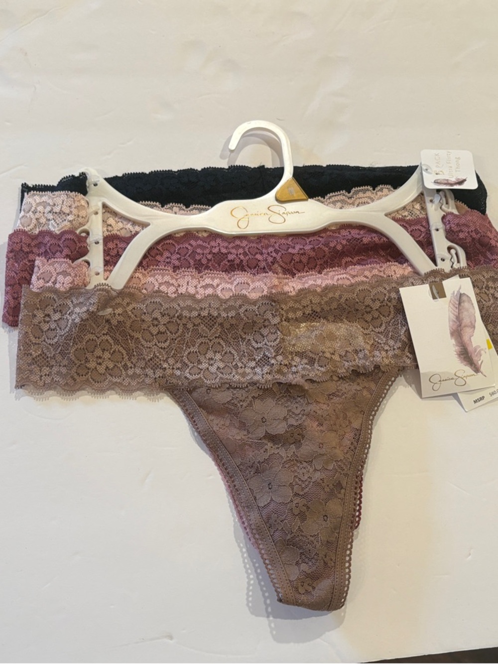 Jessica Simpson Lace 5 Pair Lace Thong Panties Black, Pink & Taupe, Nude, Mauve
